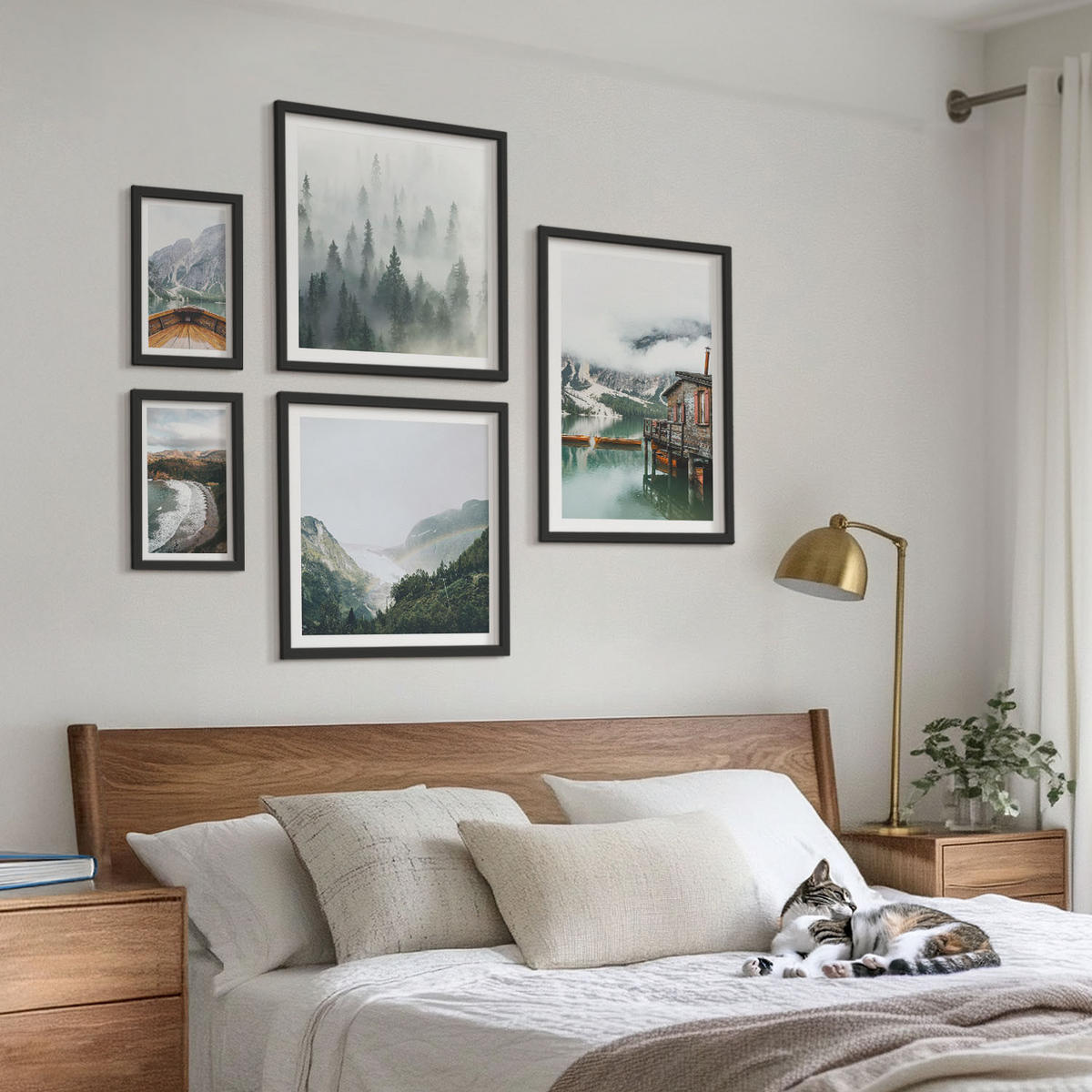 BILDER SET 5er Set - 50x50 cm & 20x30 cm & 40x60 cm Schwarzer Rahmen - Berge, See, Boot, Nebel, Strand - Schwarz, Kunststoff (40/60cm) - TULUP