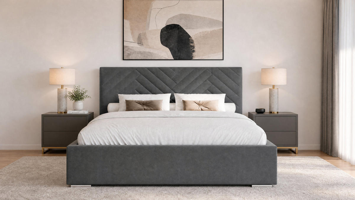 POLSTERBETT 200x200 cm AURA, Doppelbett mit Bettkasten und Lattenrost aus Holz, Velourstoff: Dunkelgrau - Dunkelgrau, Holz/Kunststoff (200/200cm) - Marpur