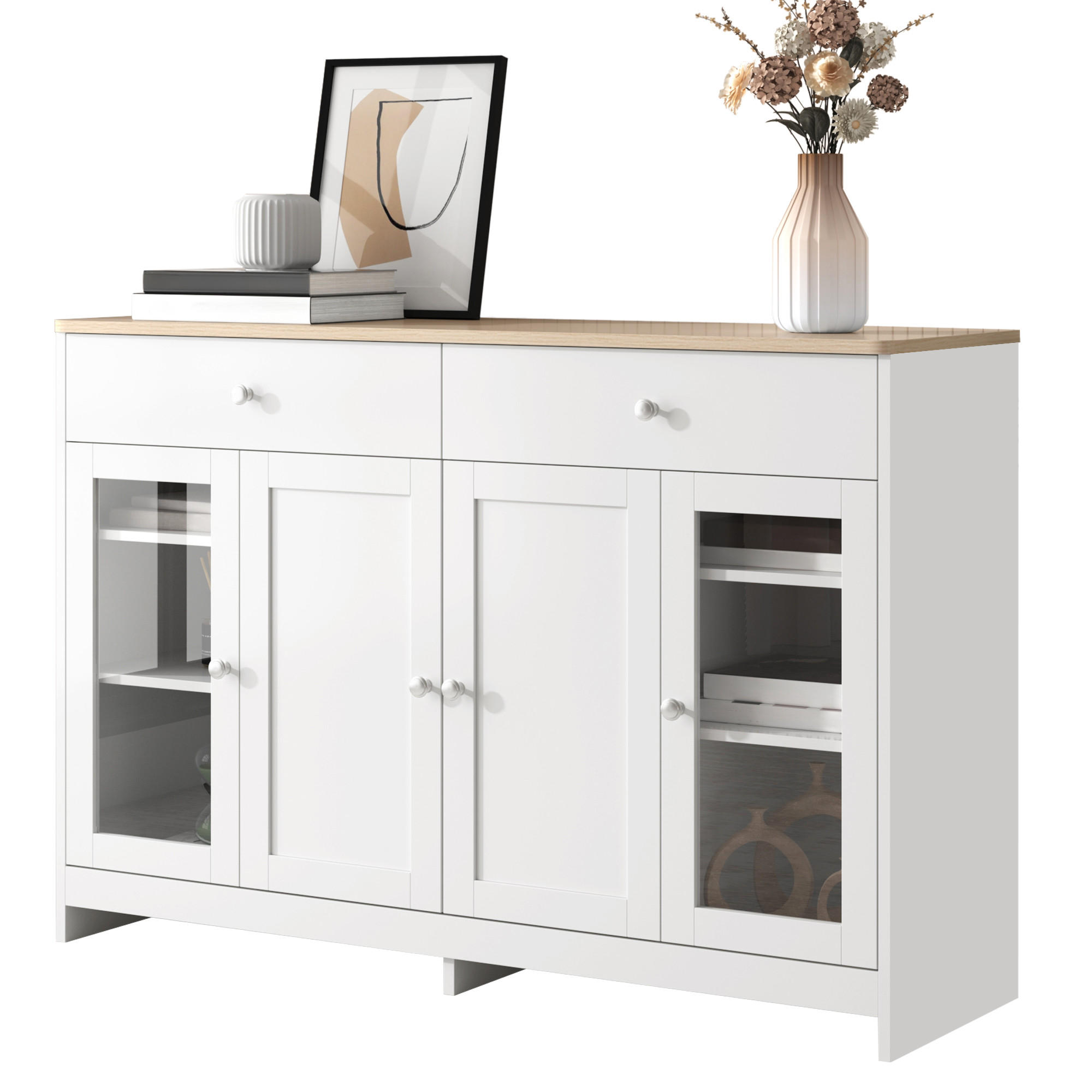 SIDEBOARD mit zwei Schubladen weiß-holzfarben 120×37×80 cm aus MDF - Weiß, Holzwerkstoff (120/80/37cm) - Luhomfu