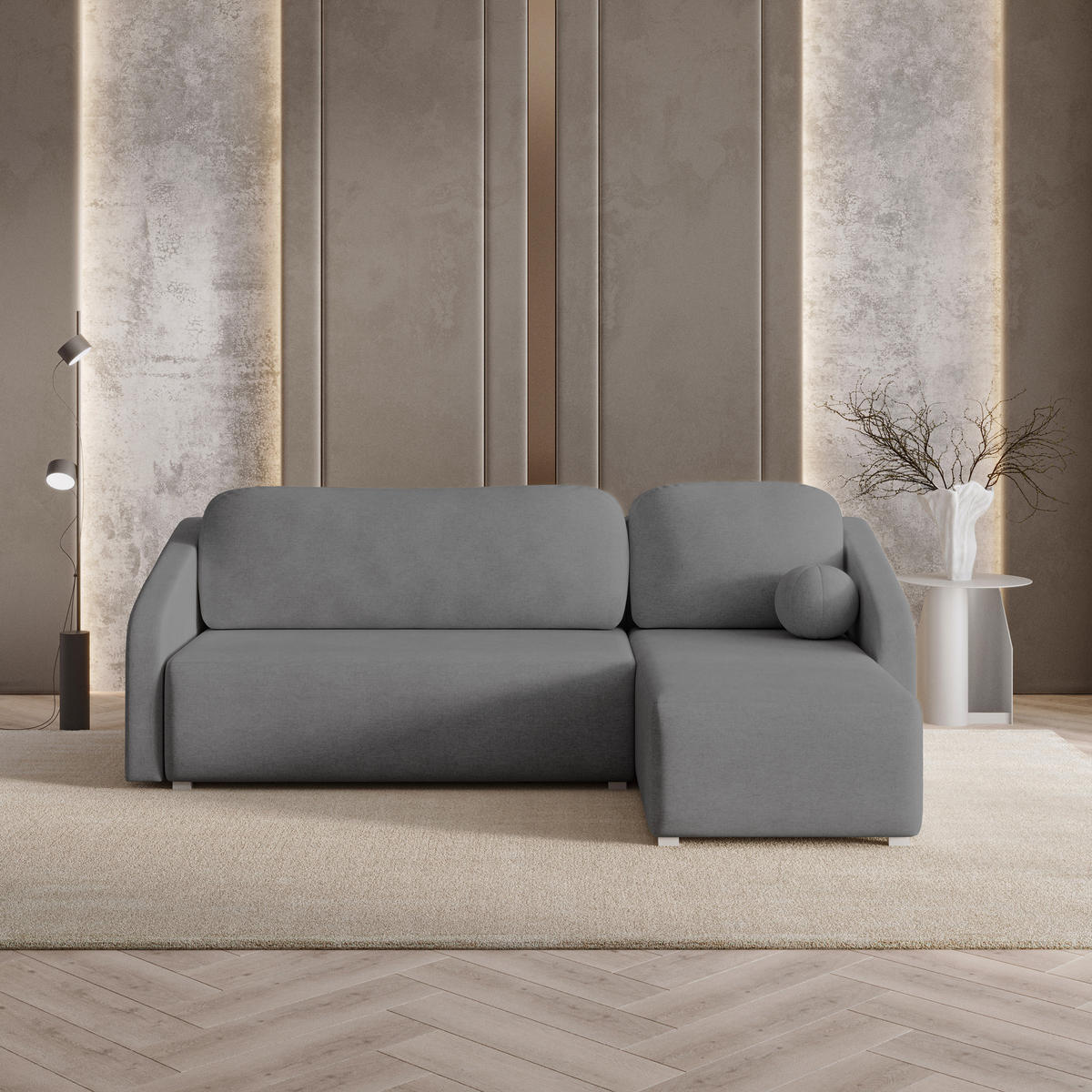 ECKSOFA MARELLO Grau Geflochtener Stoff mit Schlaffunktion - Grau, Holz (220/143cm) - MASSENO