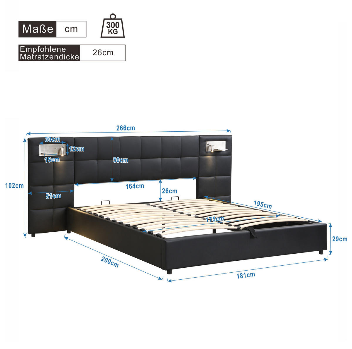 POLSTERBETT aus PU 180x200 cm Schwarz mit Stauraum, USB-Anschluss, kabellosem Laden und Beleuchtung - Schwarz, Leder (180/200cm) - IVMEU