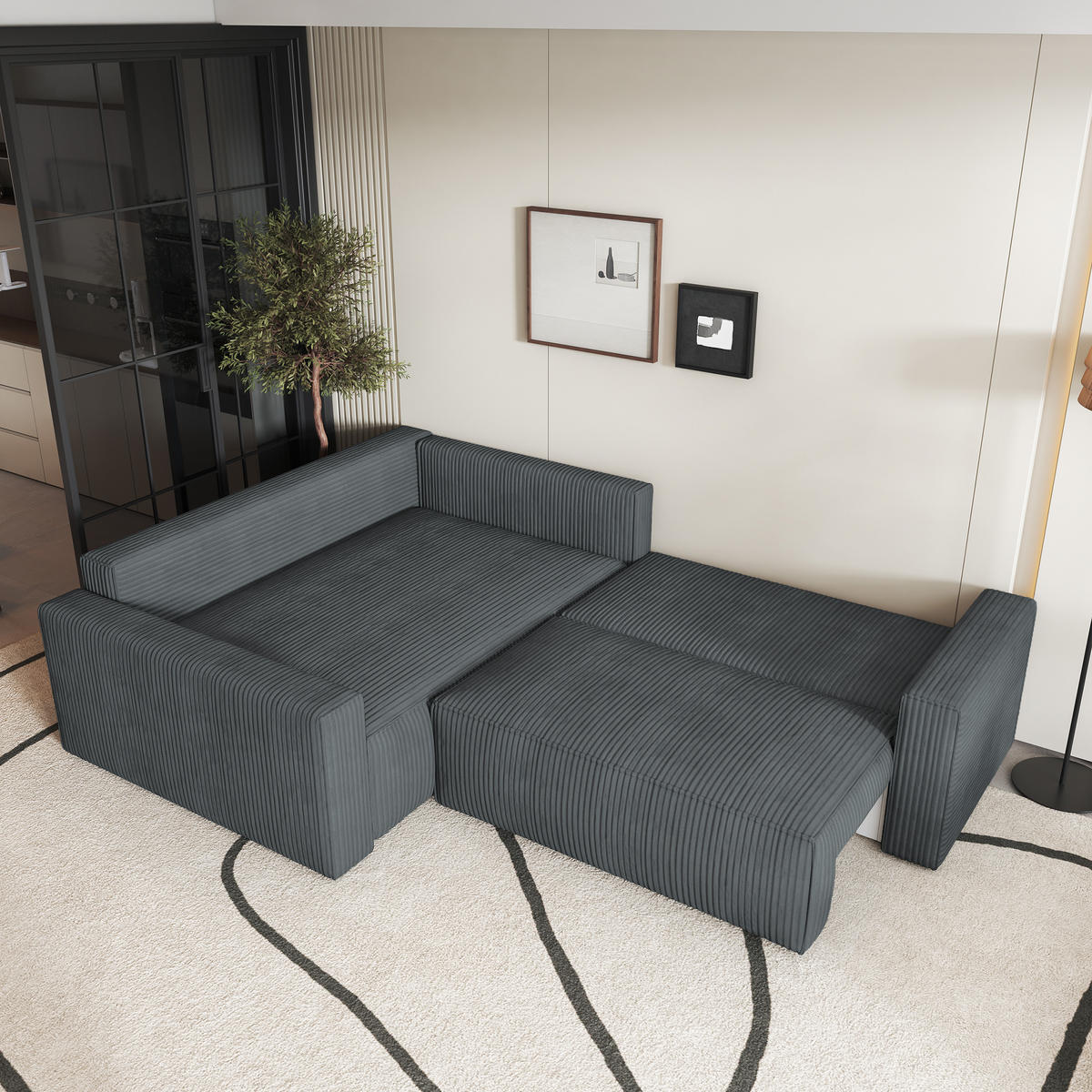 ECKSOFA ERONIS L-S Grau Kordstoff mit Schlaffunktion - Grau, Holz (265/194cm) - MASSENO