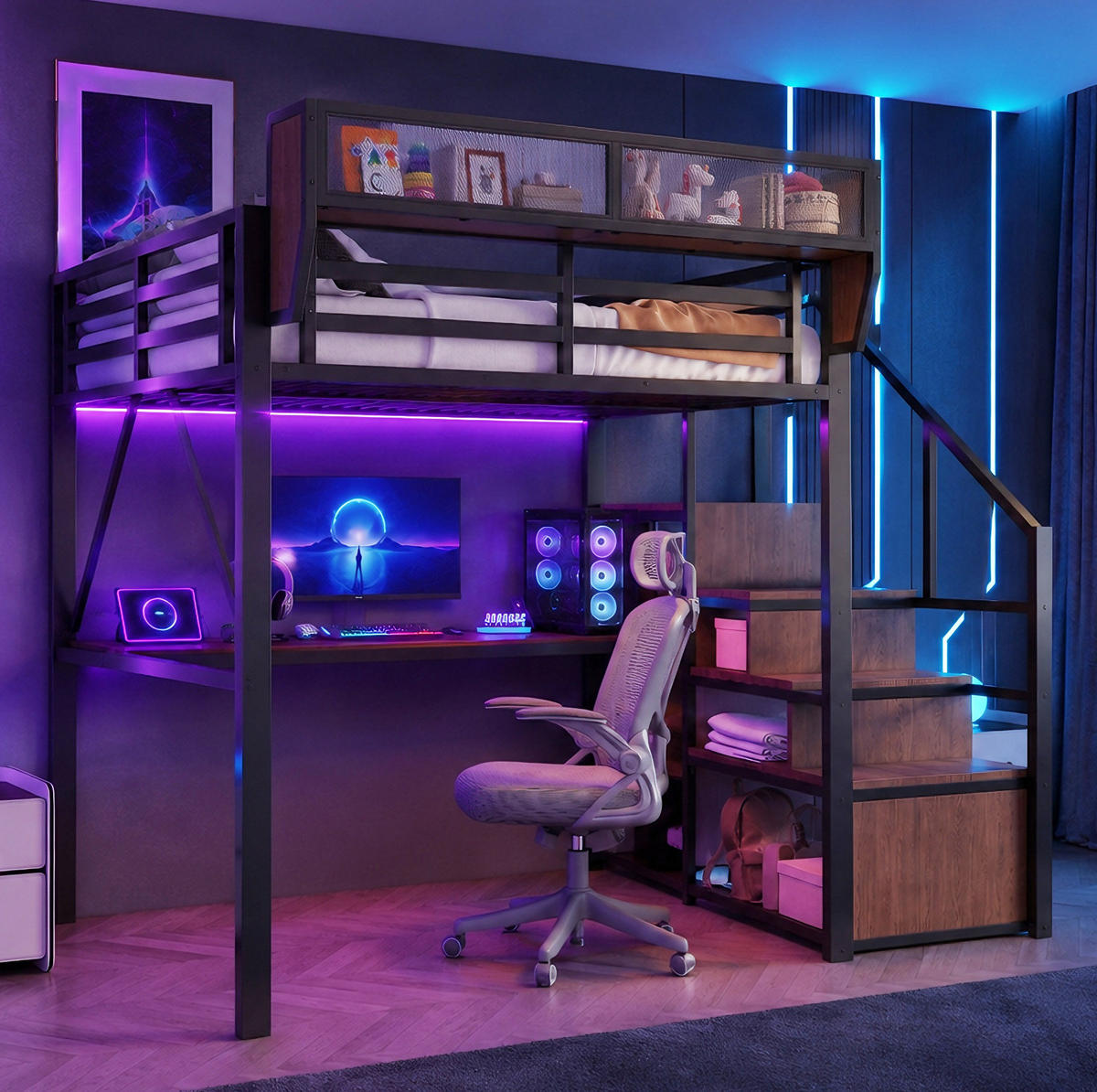 HOCHBETT 140/200 cm aus Metall mit Schreibtisch und LED, Schwarz - Schwarz, Metall (140/200cm) - OKMYHOME