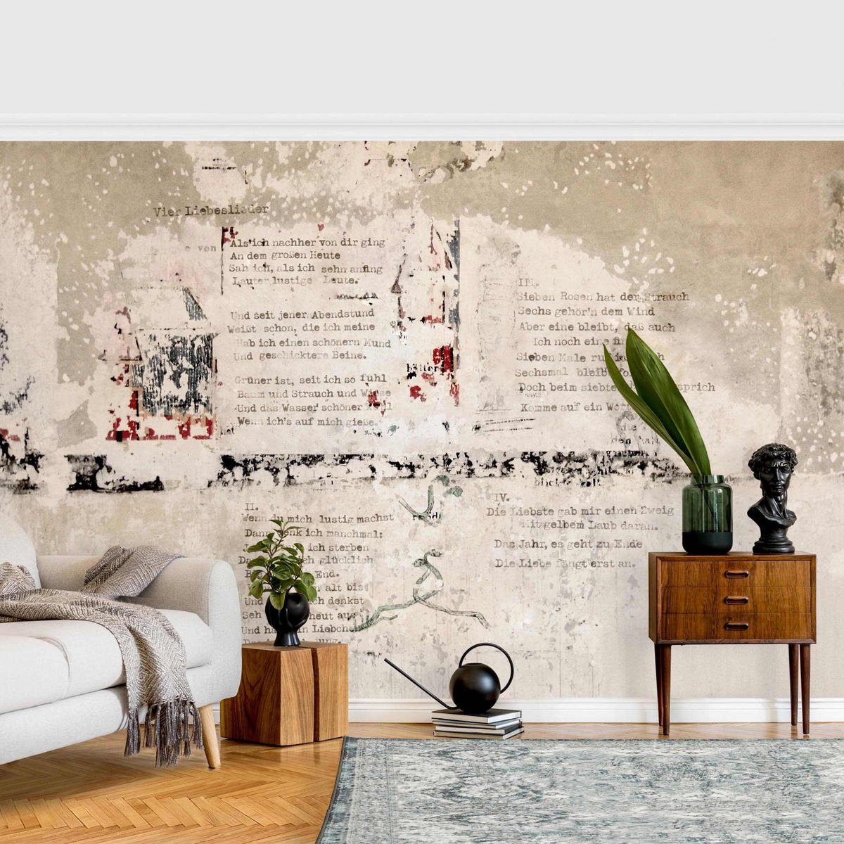 FOTOTAPETE Alte Betonwand mit Bertolt Brecht Versen 336/225 cm - Eichefarben, Papier (336/225cm) - Bilderwelten
