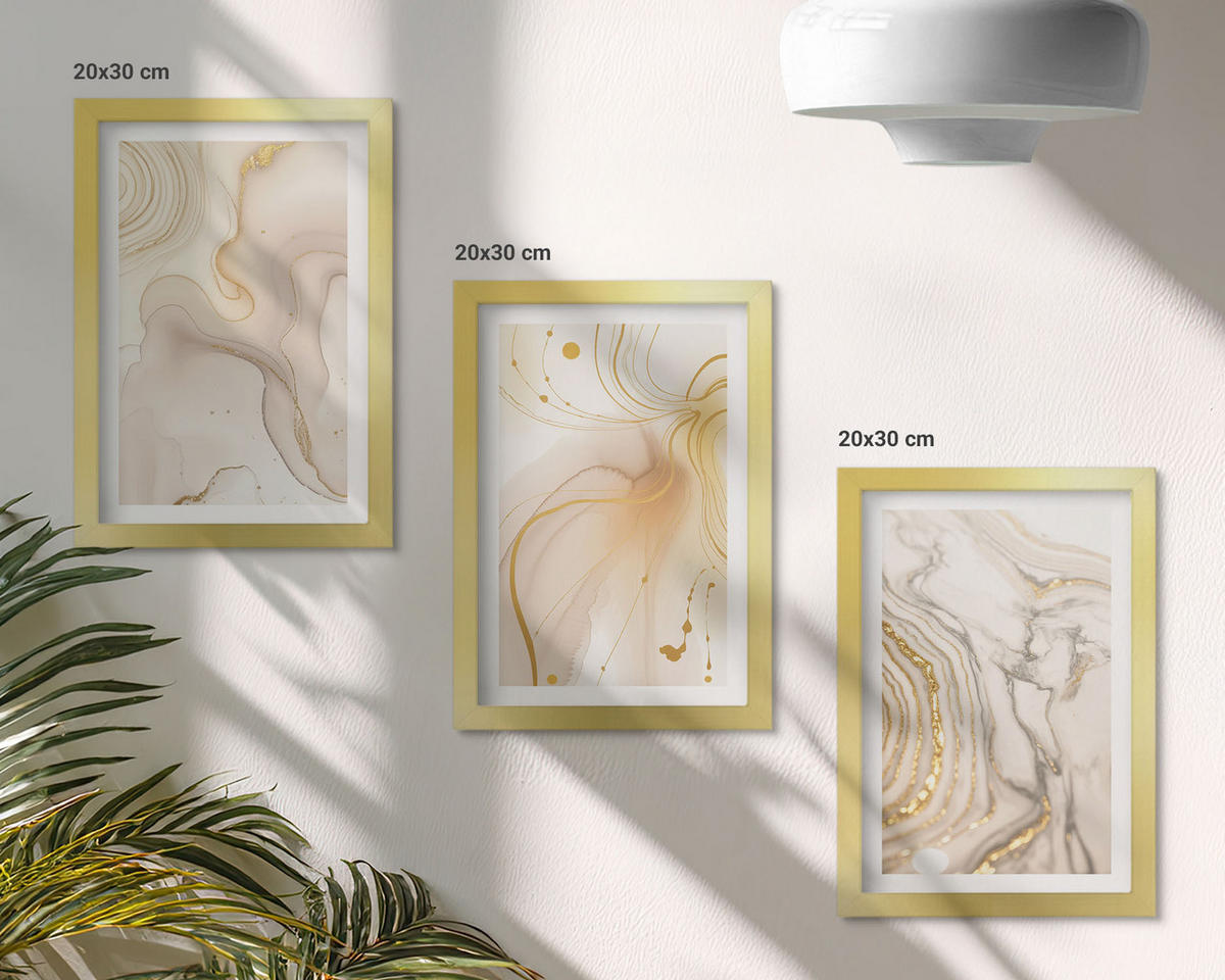 WANDBILDER 3er Set - 20x30 cm Goldrahmen - Subtile abstrakte Muster - Goldfarben, Kunststoff (20/30cm) - ArtPrintCave