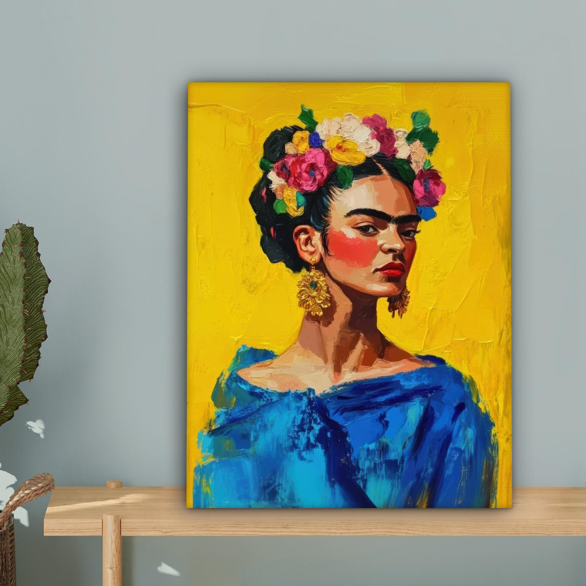LEINWANDBILD Frida Kahlo - Frau - Gelb - Blau - Blumen 30x40 cm - Gelb, Textil (30/40cm) - MuchoWow