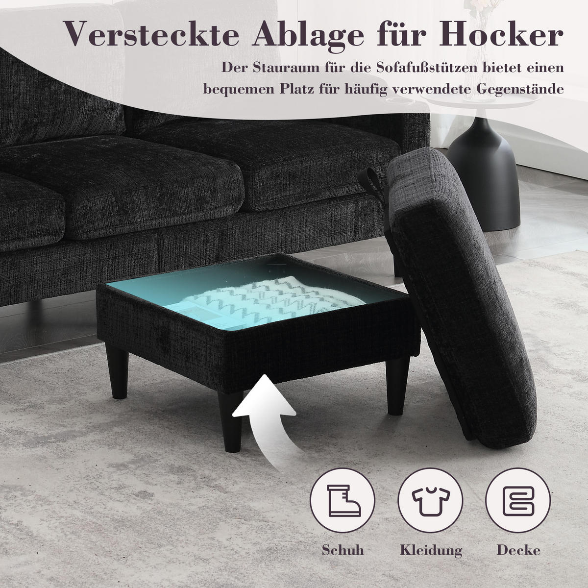 ECKSOFA 163/121/66 cm Schwarz mit 1 Aufbewahrungshocker, Aufbewahrungstasche und Getränkehalter - Schwarz, Textil (196.5/75cm) - Oxeza