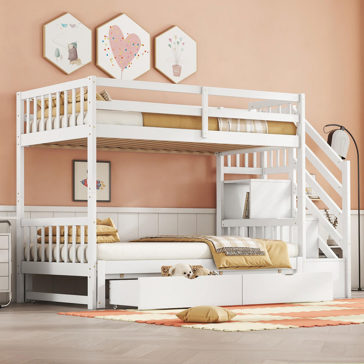 ETAGENBETT 90/200 cm Weiß mit Ausziehbett und zwei Schubladen aus Kiefernholz - Weiß, Holz (90/200cm) - OKWISH