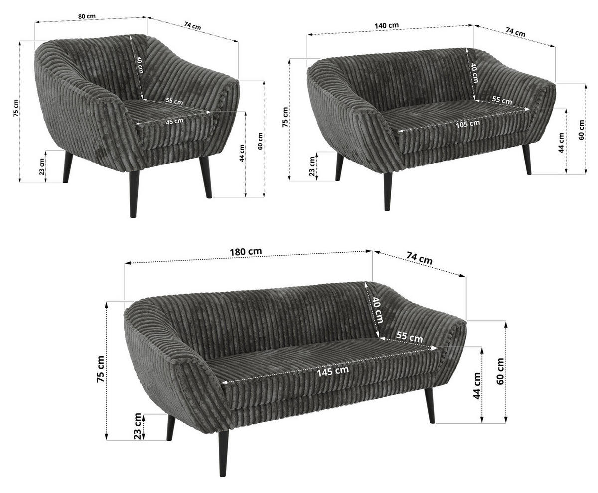 SEDACÍ SOUPRAVA 3+2+1 PIRS - Šedá Manšestr - Černé nohy - šedá/černá, kompozitní dřevo/textil (180/75/74cm) - MKS