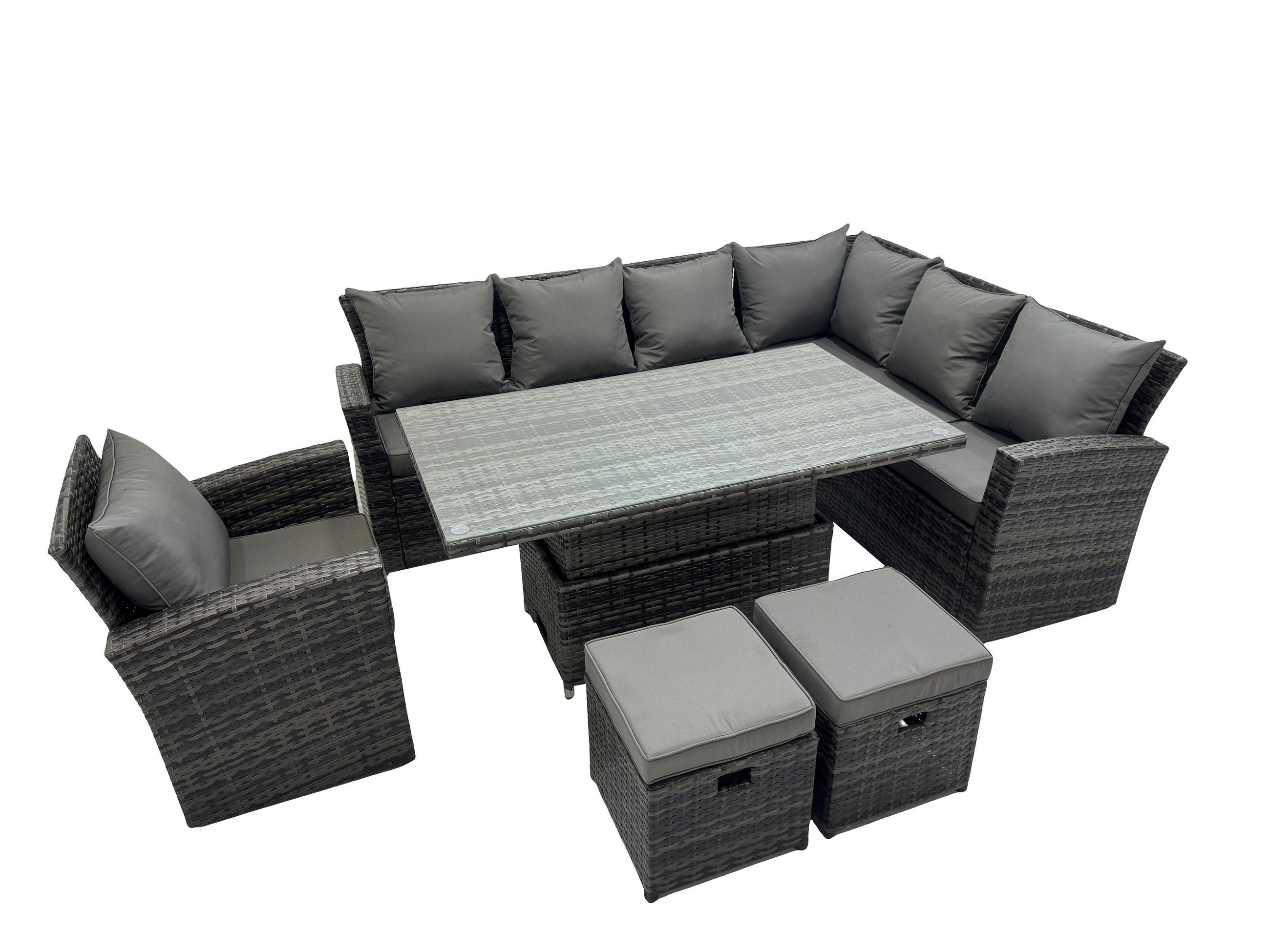 GARTENTISCHGRUPPE Rechte Ecke Polyrattan Dunkelgrau 9-Sitzer - Dunkelgrau/Grau, Glas/Kunststoff - Fimous