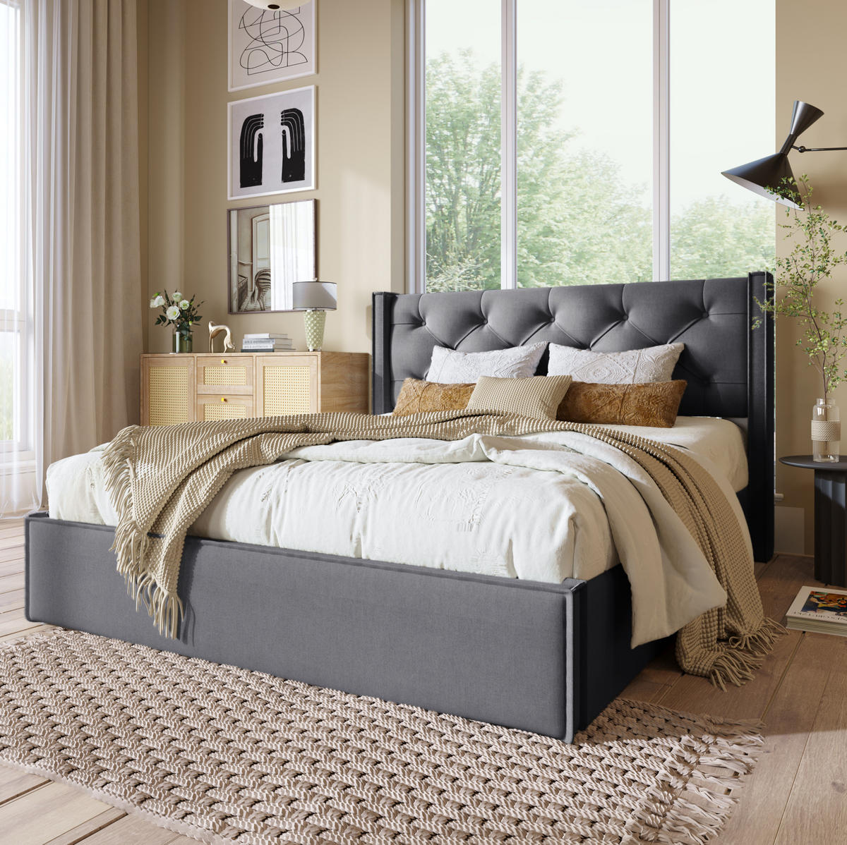 POLSTERBETT 140/200 cm grau mit Stauraum und Lattenrost aus Metallrahmen - Grau, Textil (140/200cm) - OKWISH
