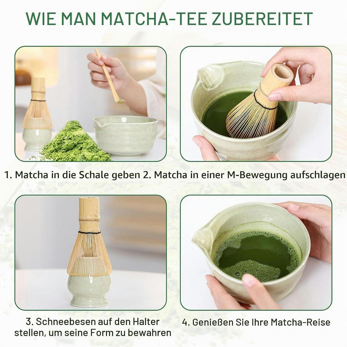 MATCHA Tee Set 9-teiliges Set mit Schale und Besen - Türkis, Keramik (14/7/14cm)