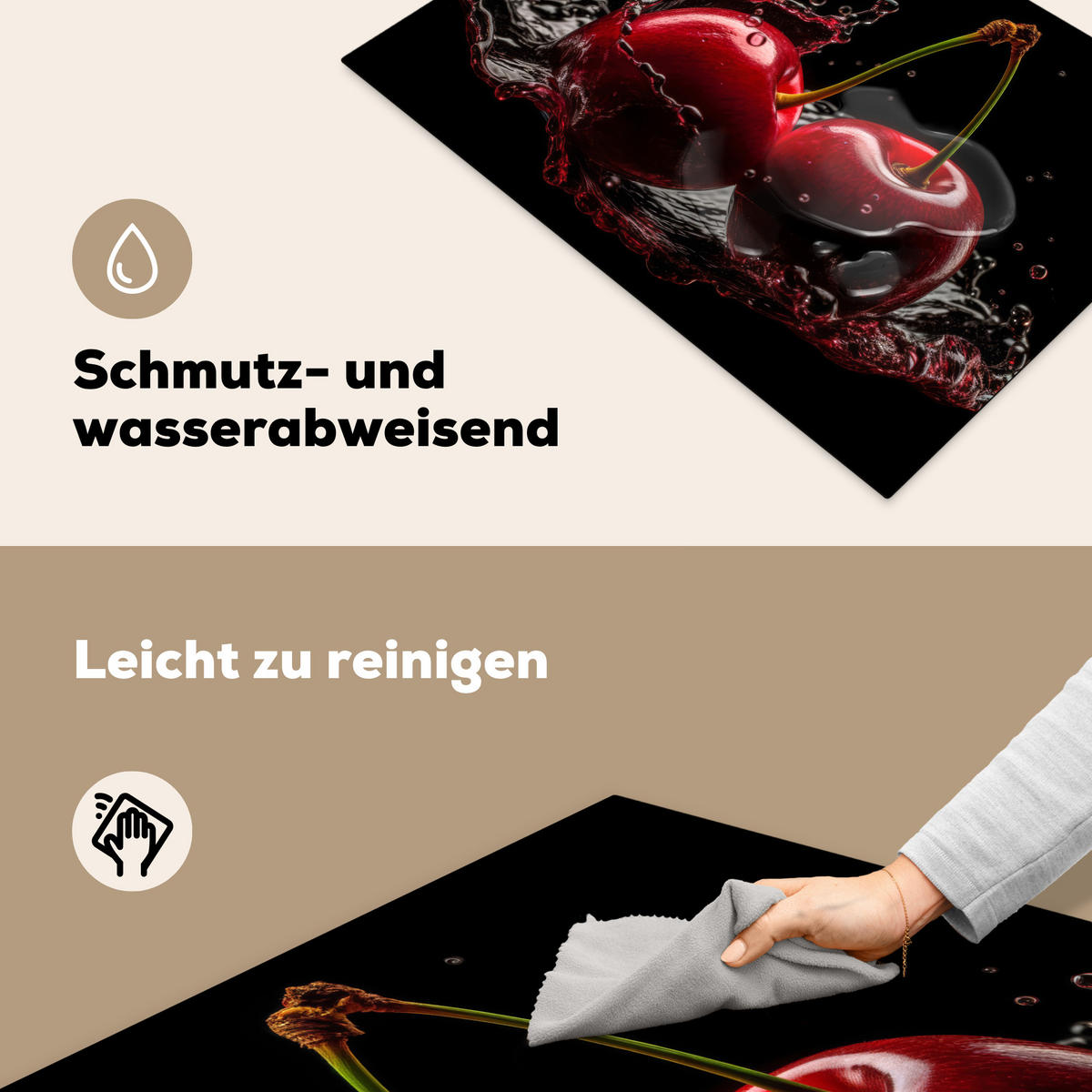 HERDABDECKPLATTE Kirsche - Rot - Frucht - Wasser - Schwarz Herdabdeckung Induktionsfeld 75x52 cm - Kirschrot, Kunststoff (75/52/0.2cm) - MuchoWow