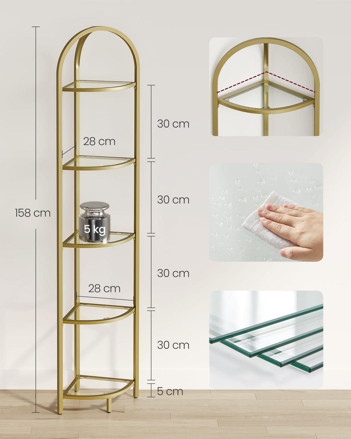 REGAL Gold 28x28 cm LGT810A01 Glas und Stahl Stabilität - Goldfarben, Metall (28/158/28cm)