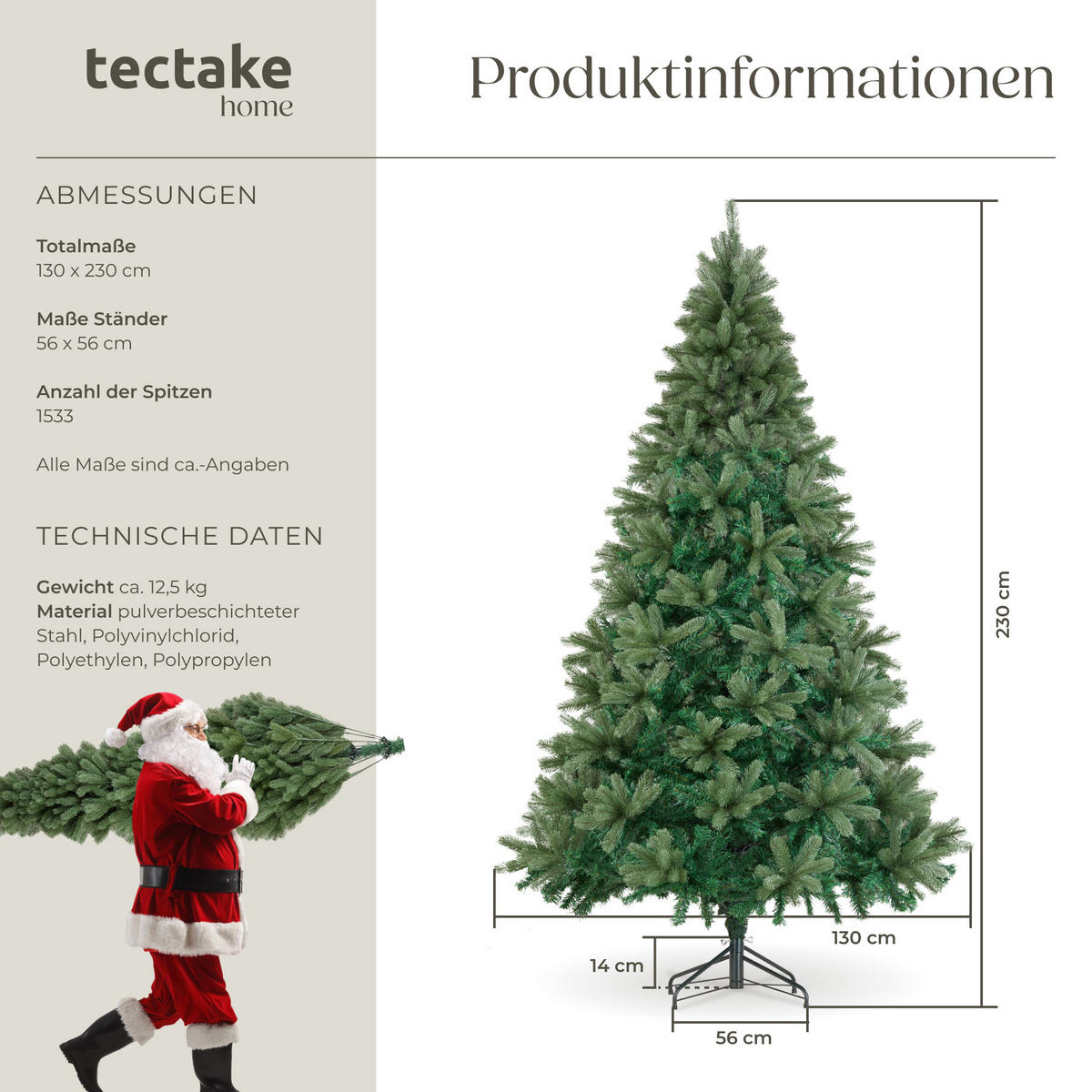 WEIHNACHTSBAUM Prancer,pulverbeschichteter Metallständer mit Kunststoffkappen,grün - Grün, Kunststoff (230cm) - tectake