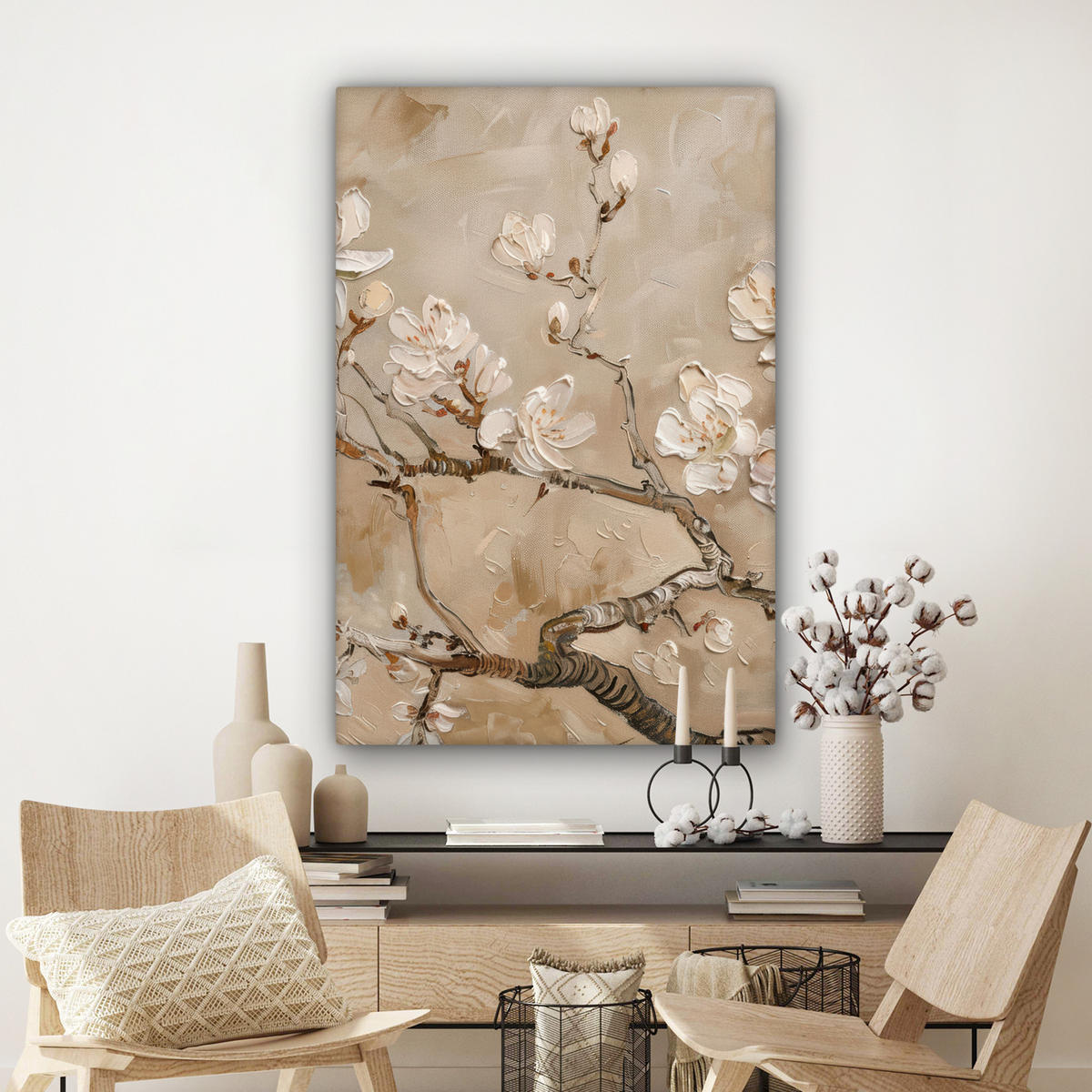 LEINWANDBILD - Blumen - Modern - Beige - Weiß - Blüte - 80x120 - Wanddeko - Beige, Textil (80/120cm) - MuchoWow