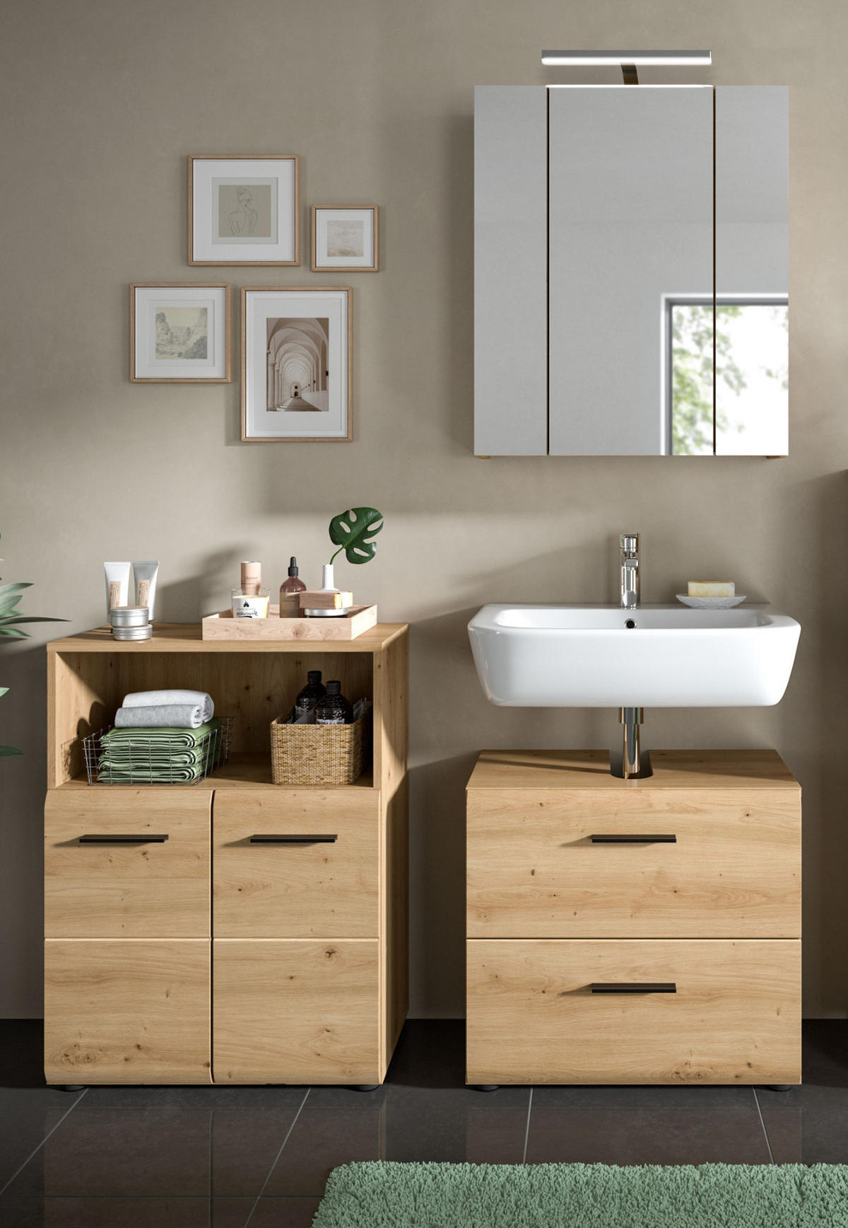 MIDISCHRANK in Eiche Artisan, Badezimmer Kommode 2-türig, 60 x 80 cm - Schwarz/Eiche Artisan, Holzwerkstoff/Kunststoff (60/80/30cm) - Inn.Furn