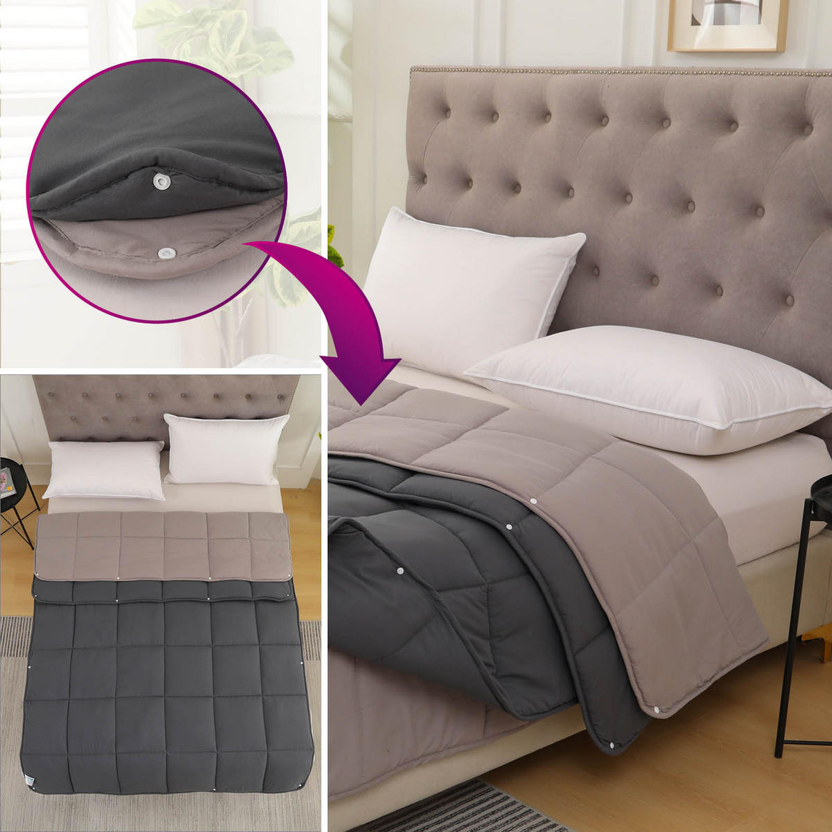 4-JAHRESZEITEN Steppbett Bi-Color im Wende-Design grau 155x220 - Grau, Textil (155/220cm) - wometo
