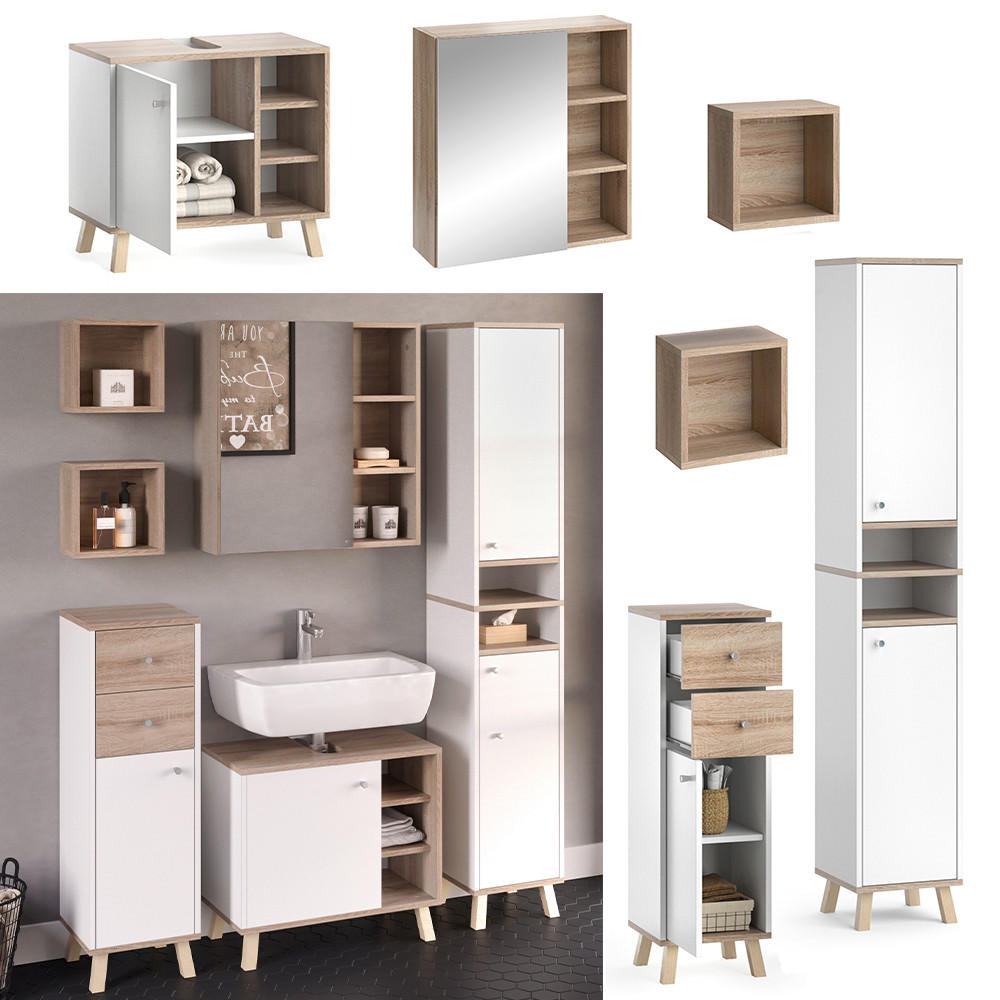 BADMÖBEL-SET Senyo Weiß 5 Teile - Weiß/Sonoma Eiche, Holzwerkstoff (62/54/32cm) - Vicco
