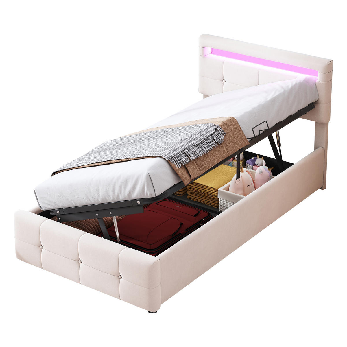 POLSTERBETT 90/200 cm beige mit LED-Beleuchtung und hydraulischem Stauraum - Beige, Textil (90/200cm) - OKWISH