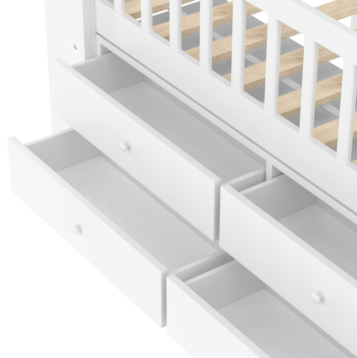 HALBHOHES Kinderbett 90/200 cm mit LED-Beleuchtung, 4 Schubladen, Regal-Leiter und Hausdesign aus Kiefernholz, Weiß - Weiß, Holz (90/200cm) - Redom