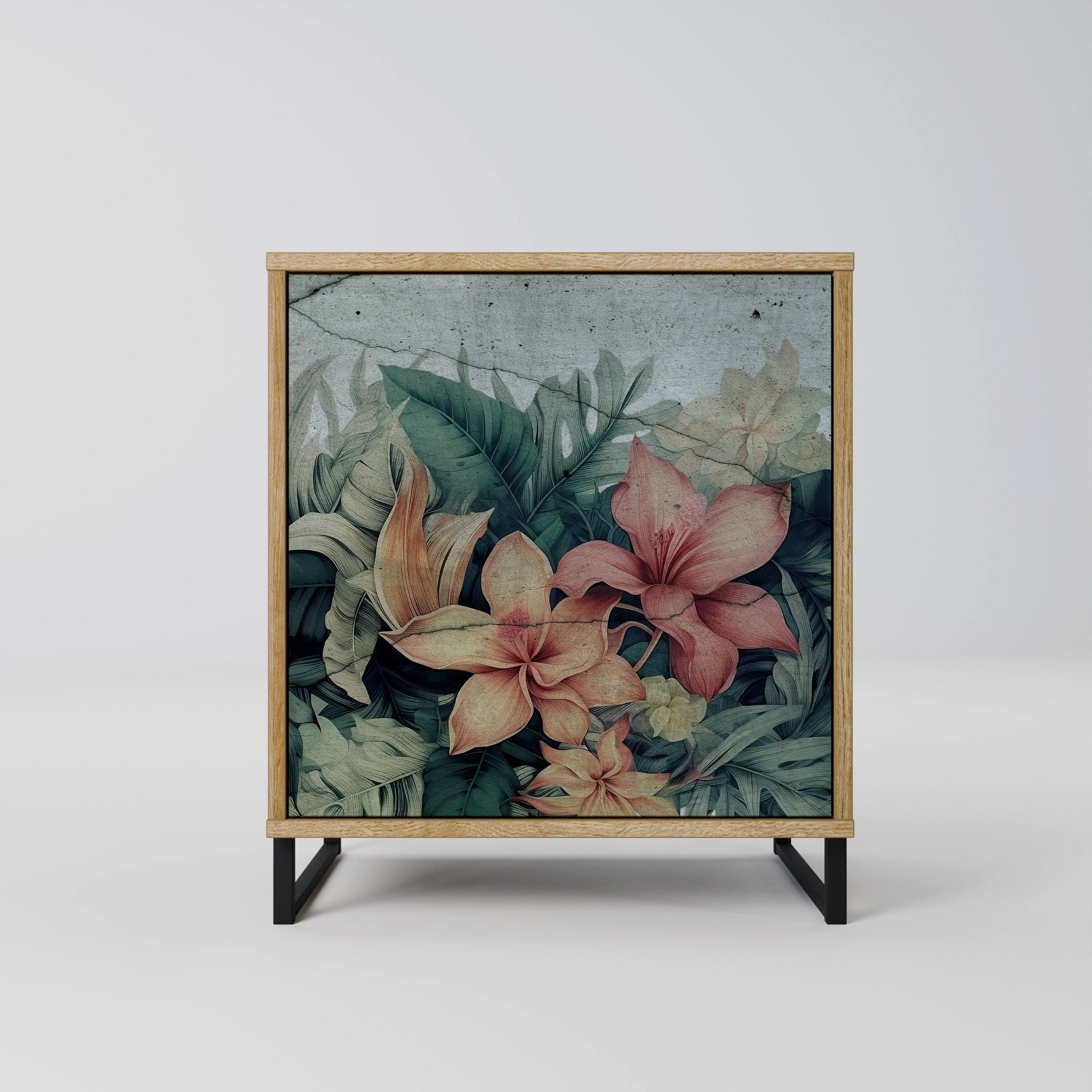 SIDEBOARD HEAVENLY BLOOM, Eichefarben, 57,5x42x67,5 cm, Schwarze Metall-Rahmenfüße - Eichefarben/Multicolor, Holzwerkstoff/Metall (57.5/67.5/42cm) - SpaceRebels