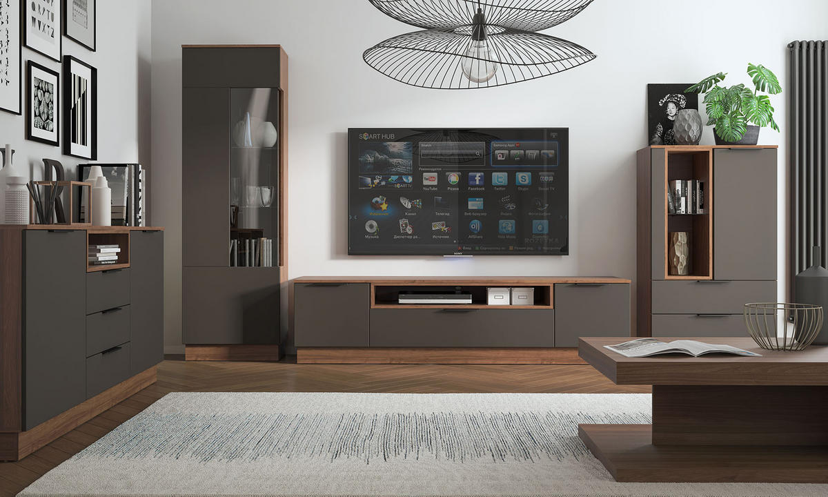 LOWBOARD Alicante Walnuss / Schwarzgrau 200 / 50 / 53,7cm - Walnussfarben/Schwarz, Holz/Holzwerkstoff (200/53.7/50cm) - Feldmann-Wohnen