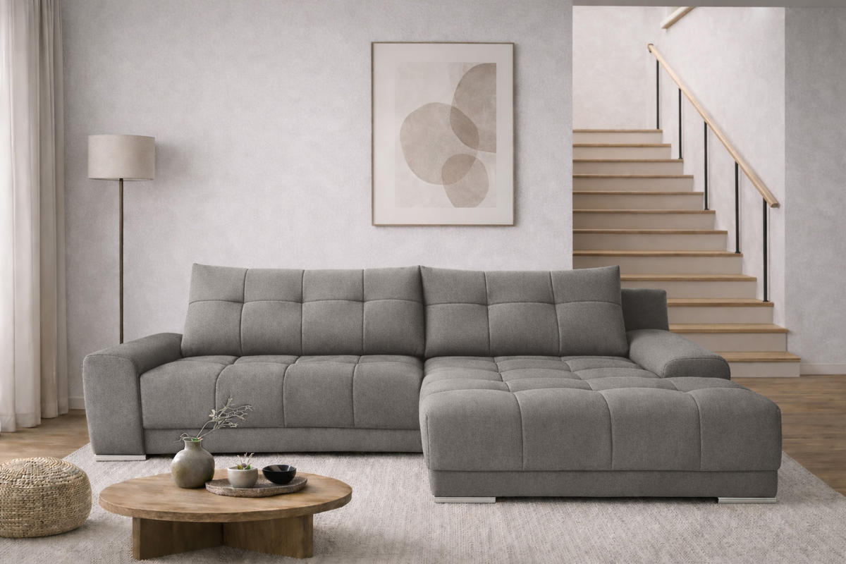 ECKSOFA WAVE Mit Schlaffunktion, Stoff SORO, Grau Rechts - Grau, Holz (281/105cm) - Kaiser Möbel