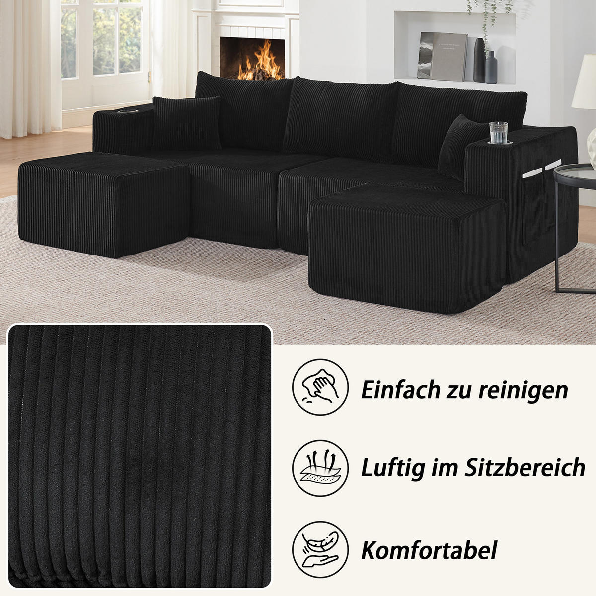 SOFA modular 3-Sitzer Cord Black mit 2 beweglichen Ottomanen - Schwarz, Kunststoff (230/75/138cm) - IVMEU