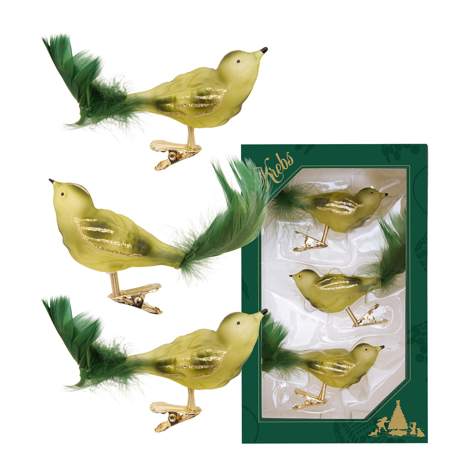 CHRISTBAUMSCHMUCK Waldvögel Grün 9cm (Glas / 3 Stk.) - Grün, Glas (4/4/9cm) - Krebs Glas Lauscha