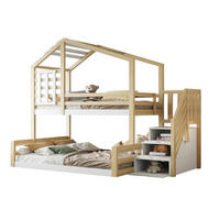 HAUSBETT 90/200 cm & 140/200 cm aus Kiefernholz mit Treppe und Stauraum - Naturfarben, Holz (90/200cm) - Flora Grace