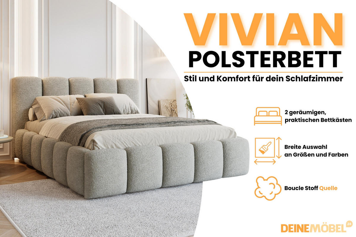 POLSTERBETT VIVIAN 200/200 in Boucle Hellgrau - Hellgrau, Holz/Holzwerkstoff (200/200cm) - Deine Möbel 24