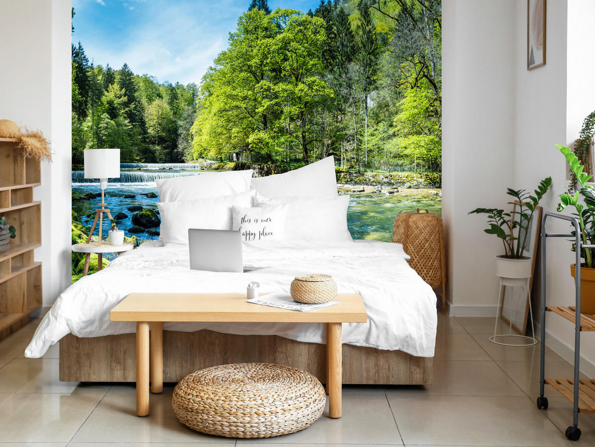 FOTOTAPETE für Wohnzimmer Landschaft Steinerne Fluss Wald Bäum 350x256 - Türkis/Blau, Papier (350/256cm) - Muralo