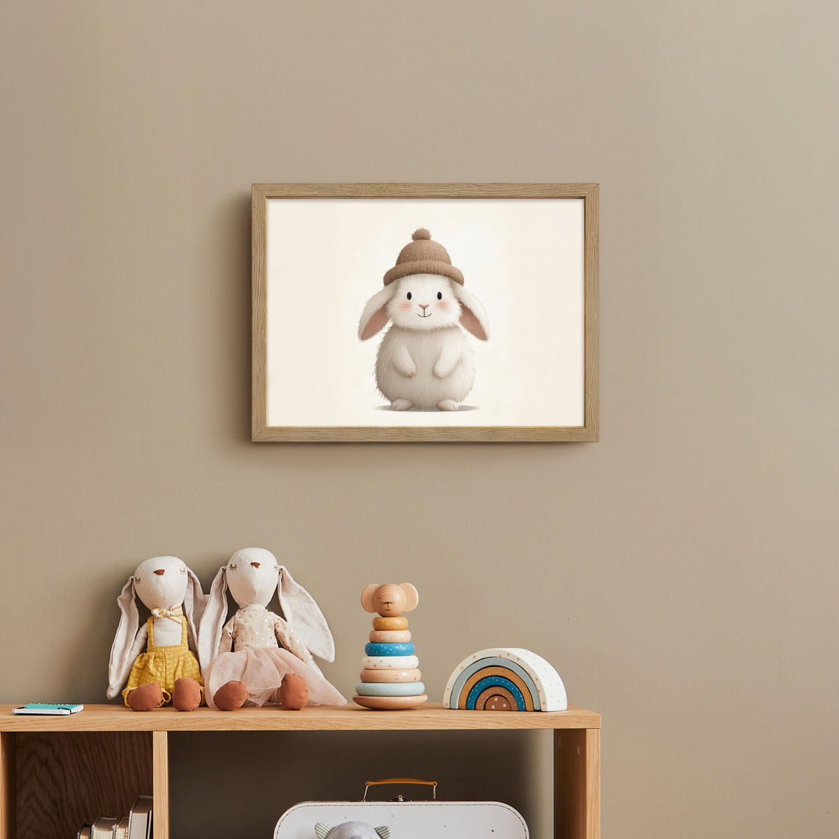 NÁSTĚNNÁ LAMPA S AKUMULÁTOREM Králík - Klobouk - Uši - béžový 40x30 cm - krémová, kompozitní dřevo (40/30/8cm) - OnlyWow