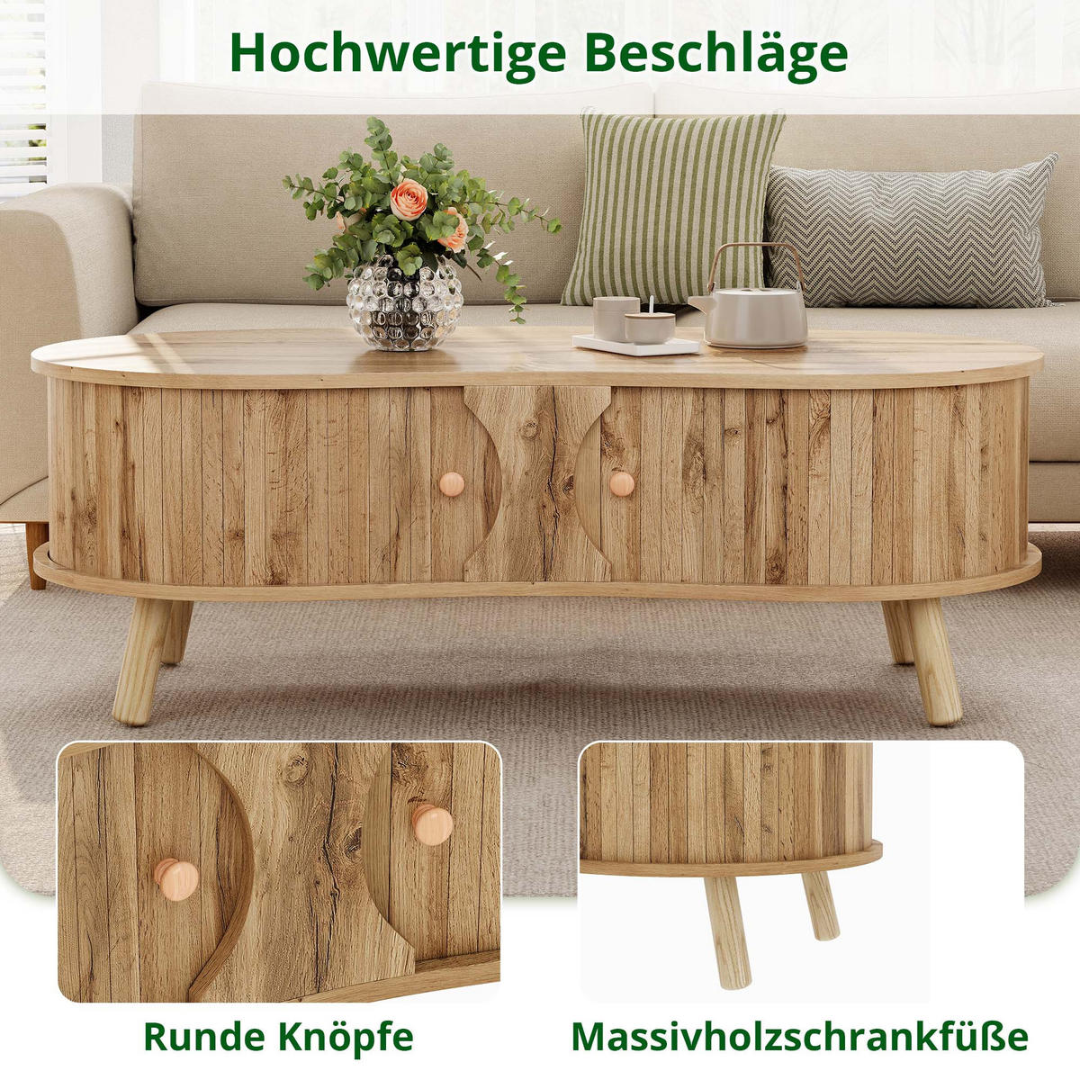 COUCHTISCH holzoptik & rillen-design erbsenform & schiebetüren - Naturfarben, Holzwerkstoff (50/108/37cm) - Urban Meuble