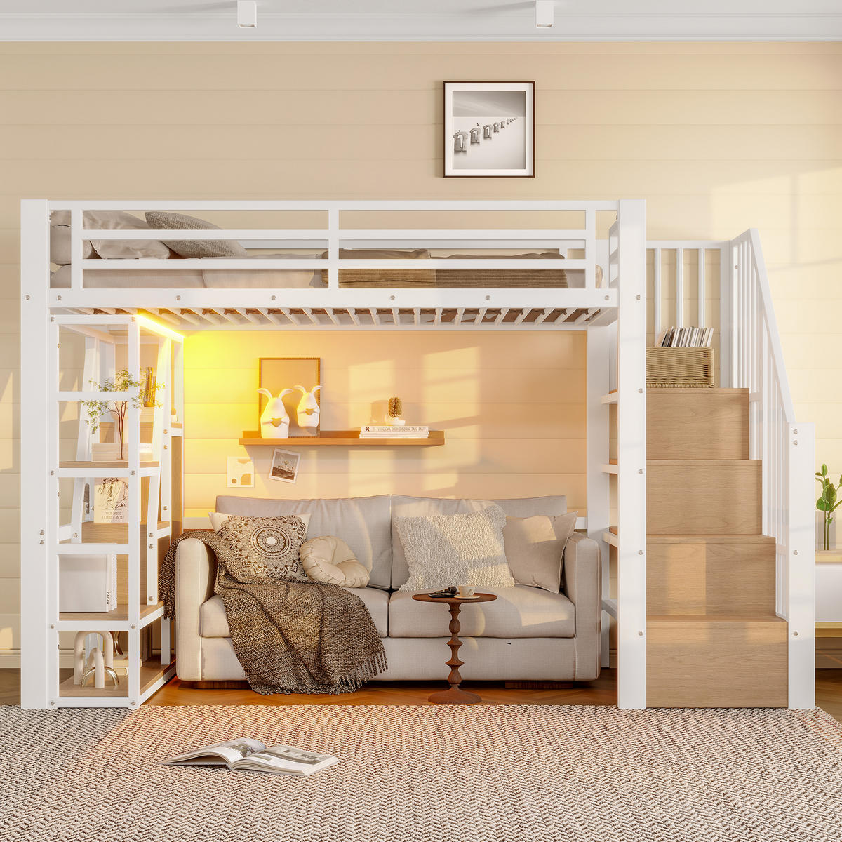 HOCHBETT 90x200cm Weiß Metall LED-Licht offener Stauraum - Weiß, Holz (90/200cm) - FLIEKS