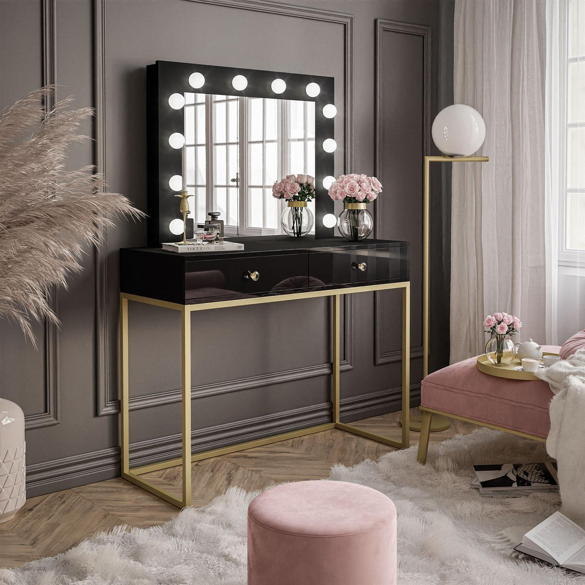 SCHMINKTISCH BLANCO GOLD mit Spiegel und Beleuchtung - Schwarz, Holzwerkstoff (100/146/42cm) - Lookway