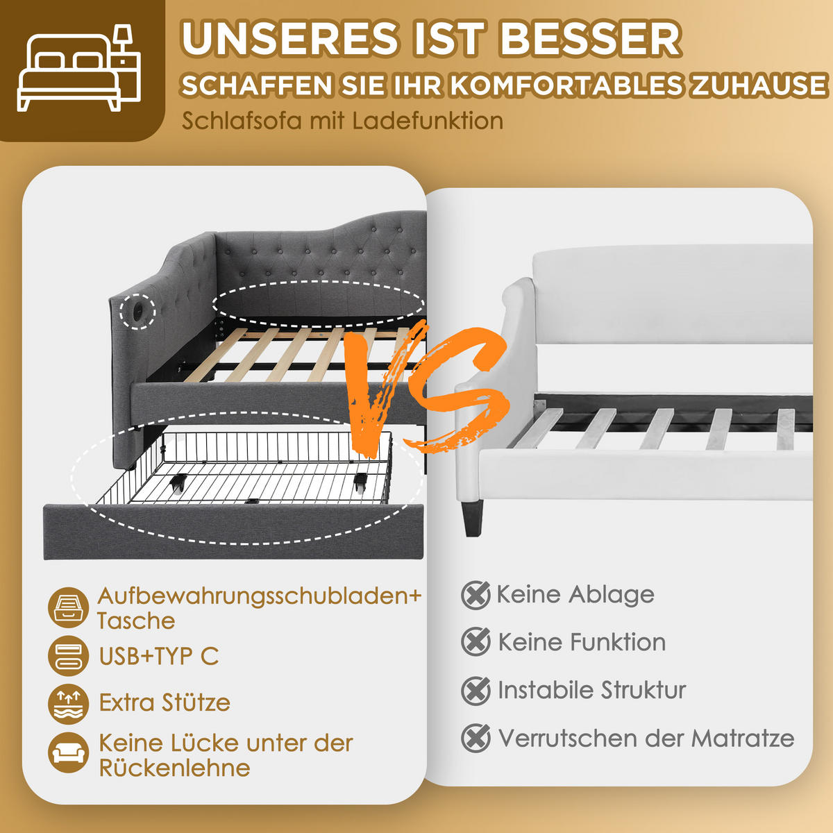 POLSTERBETT 90/200 cm in Grau Leinen mit 2 Schubladen, USB und Type-C - Hellgrau, Holzwerkstoff/Textil (90/200cm) - WISHDOR