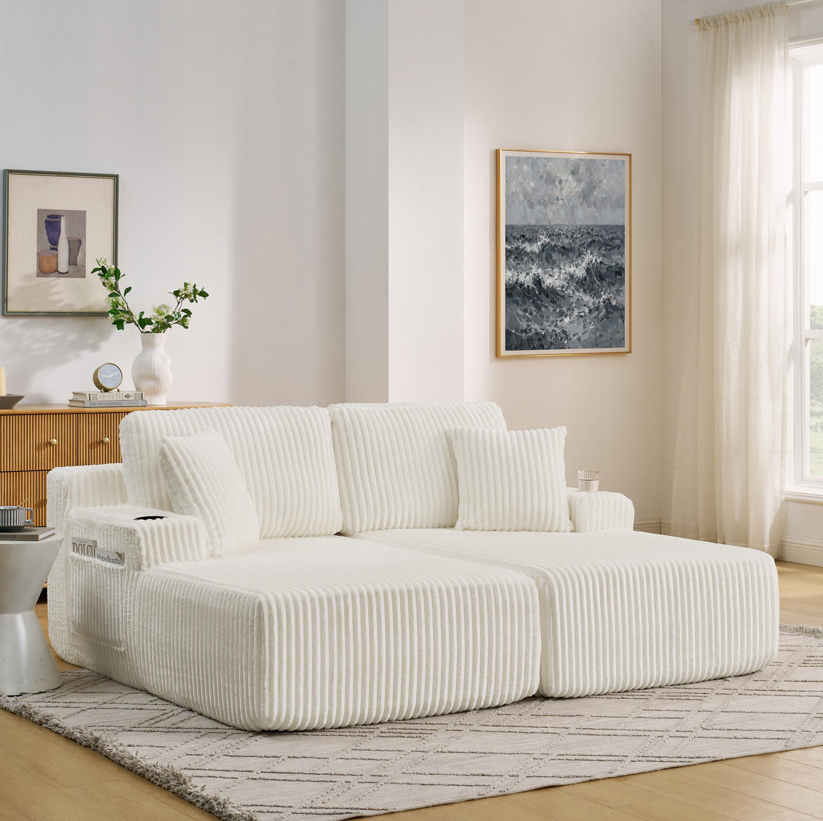SCHLAFSOFA aus Kordstoff Beige mit Getränkehalter, Seitentasche und abnehmbaren Kissen - Beige, Kunststoff (186/78/154cm) - Modfu