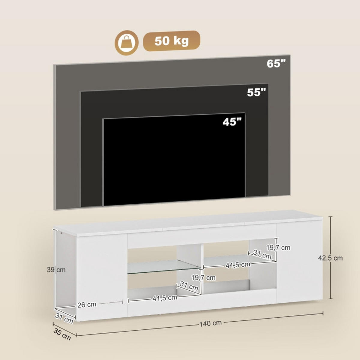 TV-LOWBOARD 140/35/42,5 cm Weiß aus Glas und Spanplatte mit 6 Fächern - Weiß, Glas (140/42.5/35cm) - OKWISH
