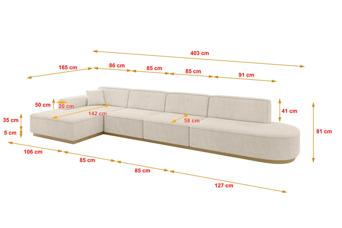 ECKSOFA Ottomane Links IREA-L3-v2 - 403x165x81 cm Beige - Beige, Holzwerkstoff/Textil (403/165cm) - ALTDECOR