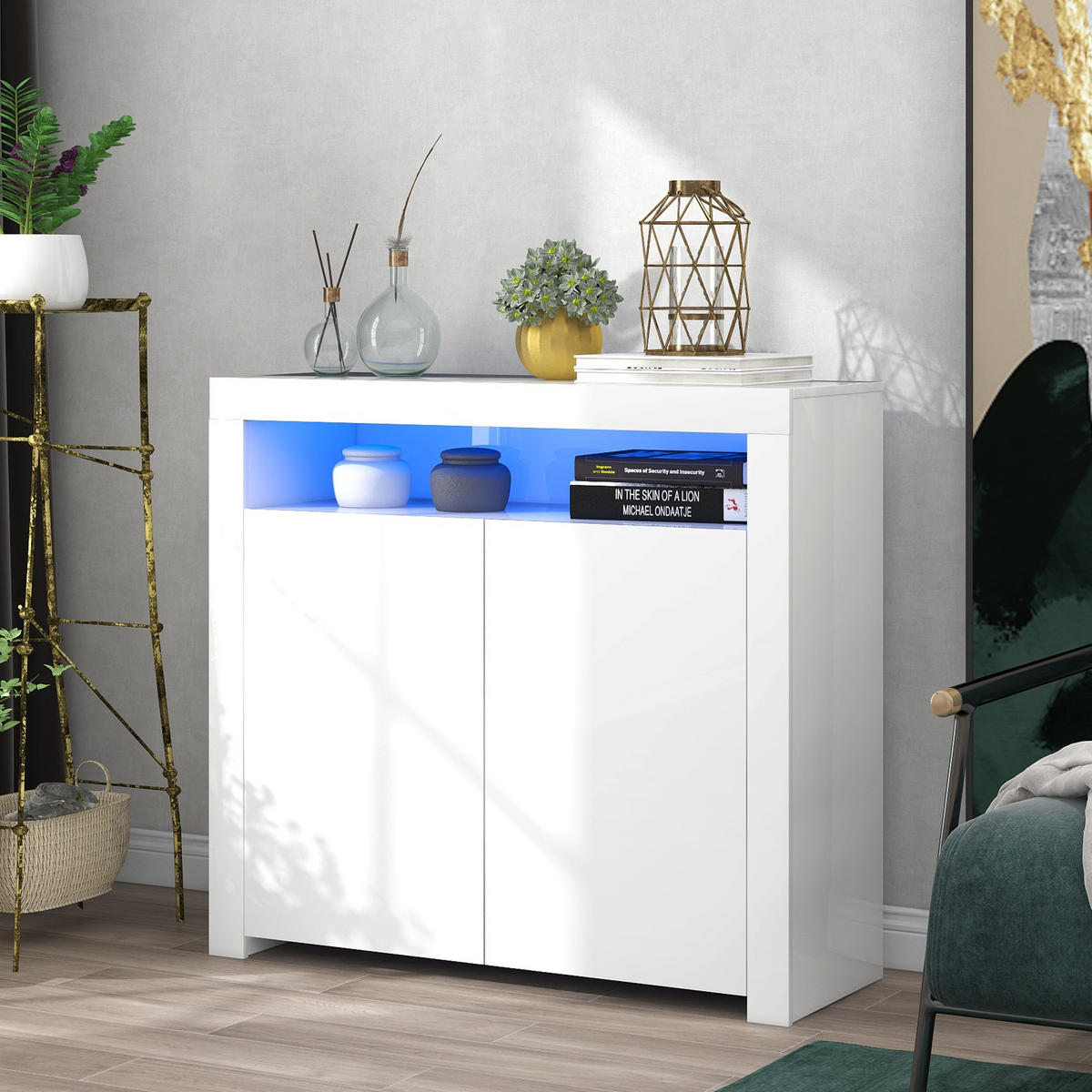 SIDEBOARD 108/40/92 cm in Weiß Hochglanz mit LED-Beleuchtung & 2 Türen - Weiß, Holzwerkstoff (108/92/40cm) - BEAOK