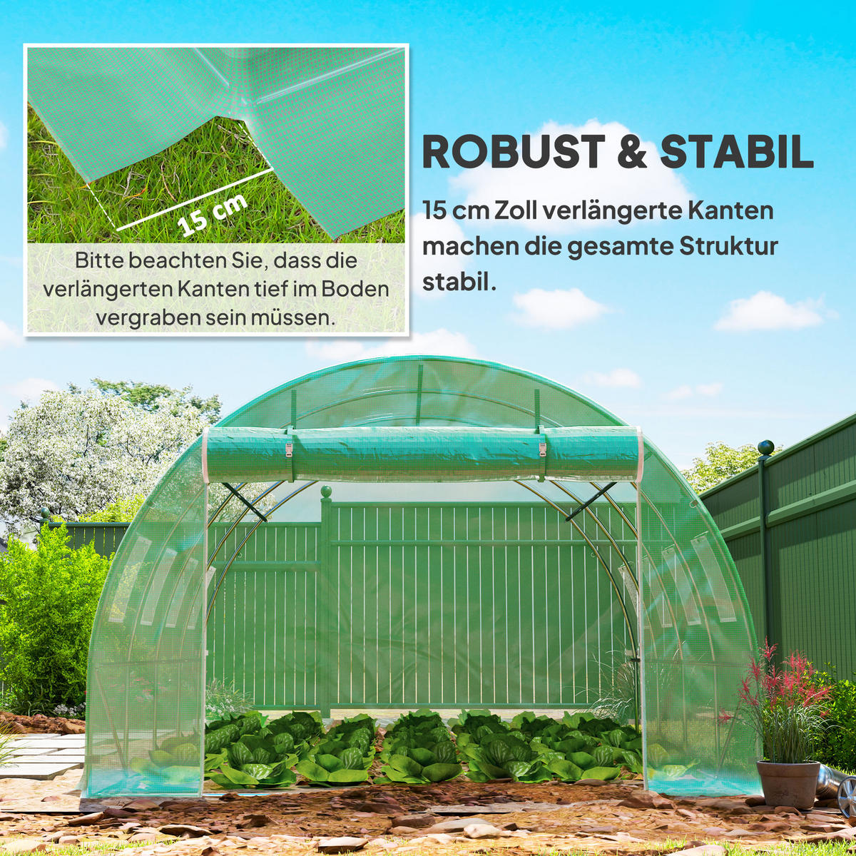 GEWÄCHSHAUSFOLIE 3 x 4 m, wasserdicht Polyethylenfolie mit Rolltür, 8 Fenster - Grün, Kunststoff (300/200/400cm) - Outsunny
