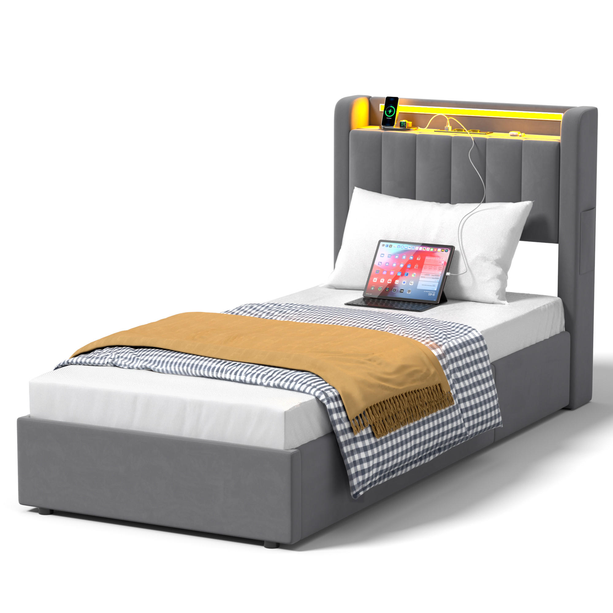 POLSTERBETT 90/190 cm Grau mit LED-Lichtleiste und USB-Anschlüssen - Grau, Holzwerkstoff (90/190cm) - OKWISH