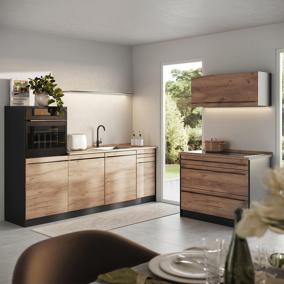 KÜCHENZEILE R-Line, Goldkraft Eiche/Anthrazit, 220 cm Arbeitsplatte Anthrazit - Honigeiche/Anthrazit, Holzwerkstoff (220/143/60cm) - Vicco