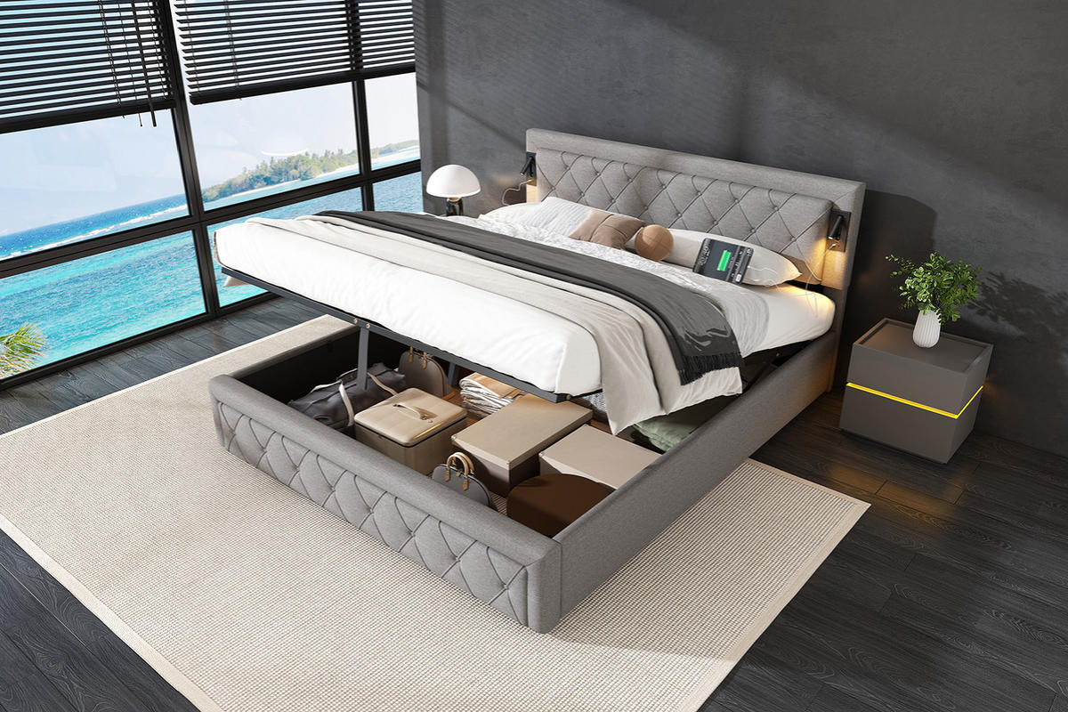 ČALOUNĚNÁ POSTEL 180/200 cm v šedé barvě s úložným prostorem, osvětlením a USB - šedá, kov/kompozitní dřevo (180/200cm) - CHICFURN