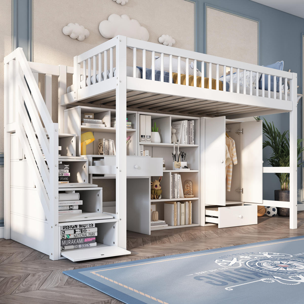 VYSOKÁ posteľ 90/200 cm biela z masívneho dreva a MDF s písacím stolom schodmi a úložným priestorom - biela, kompozitné drevo (90/200cm) - OKWISH