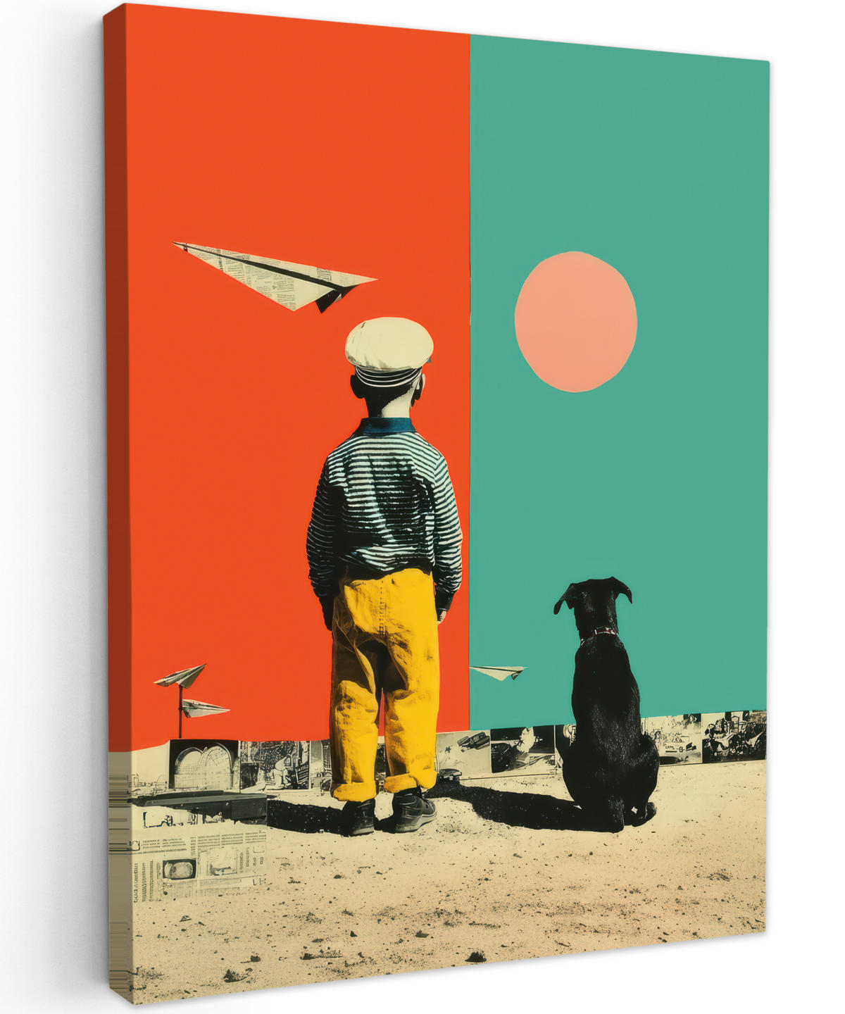 LEINWANDBILD Retro - Junge - Hund - Rot - Grün Wandbild Wohnzimmer 60x80 cm - Orange, Textil (60/80cm) - MuchoWow