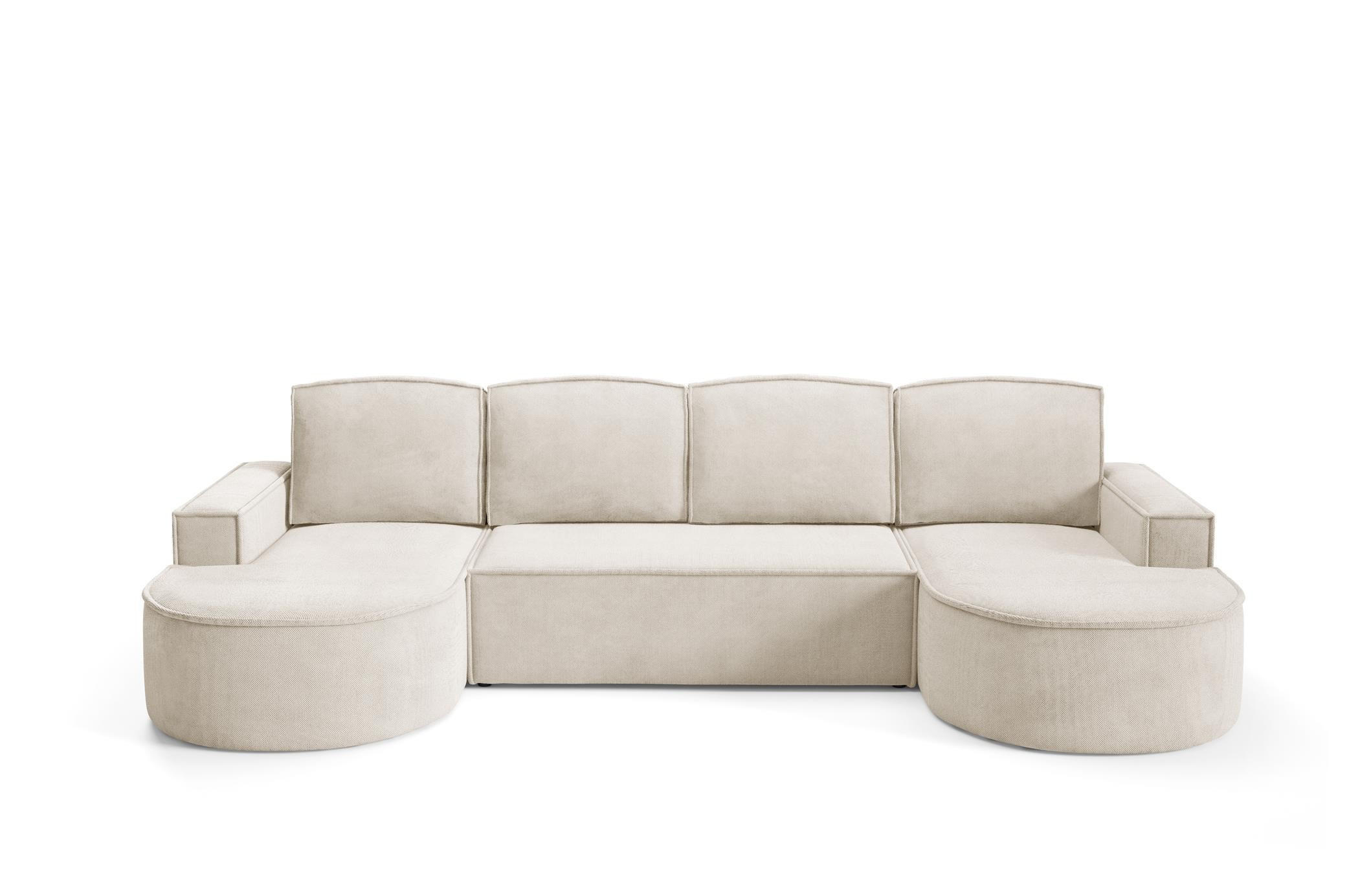 WOHNLANDSHAFT Flow U Hellbeige, mit Schlaffunktion in Curio Stoff - Creme, Holzwerkstoff/Textil (316/88/157cm) - Bettso