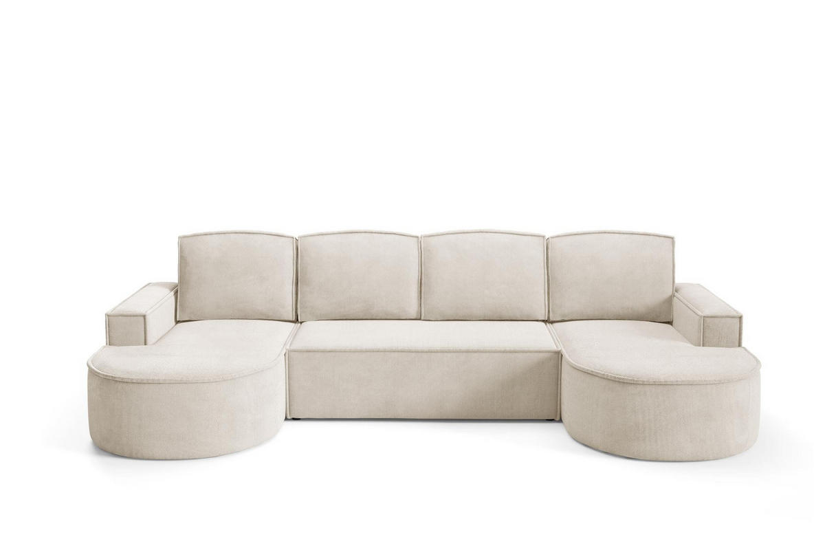 WOHNLANDSHAFT Flow U Hellbeige, mit Schlaffunktion in Curio Stoff - Creme, Holzwerkstoff/Textil (316/88/157cm) - Bettso